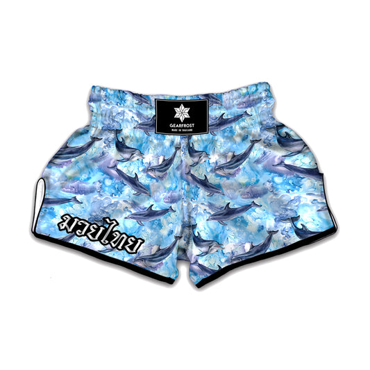 Watercolor Dolphin In The Sea Print Muay Thai Boxing Shorts