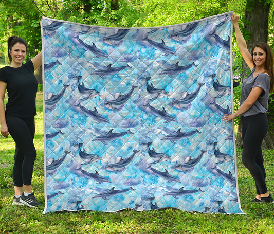 Watercolor Dolphin In The Sea Print Quilt