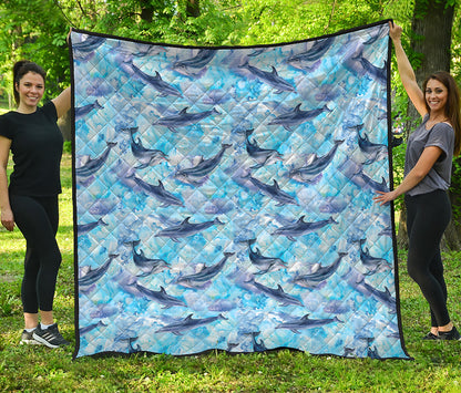 Watercolor Dolphin In The Sea Print Quilt