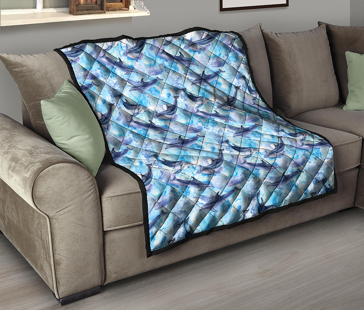 Watercolor Dolphin In The Sea Print Quilt