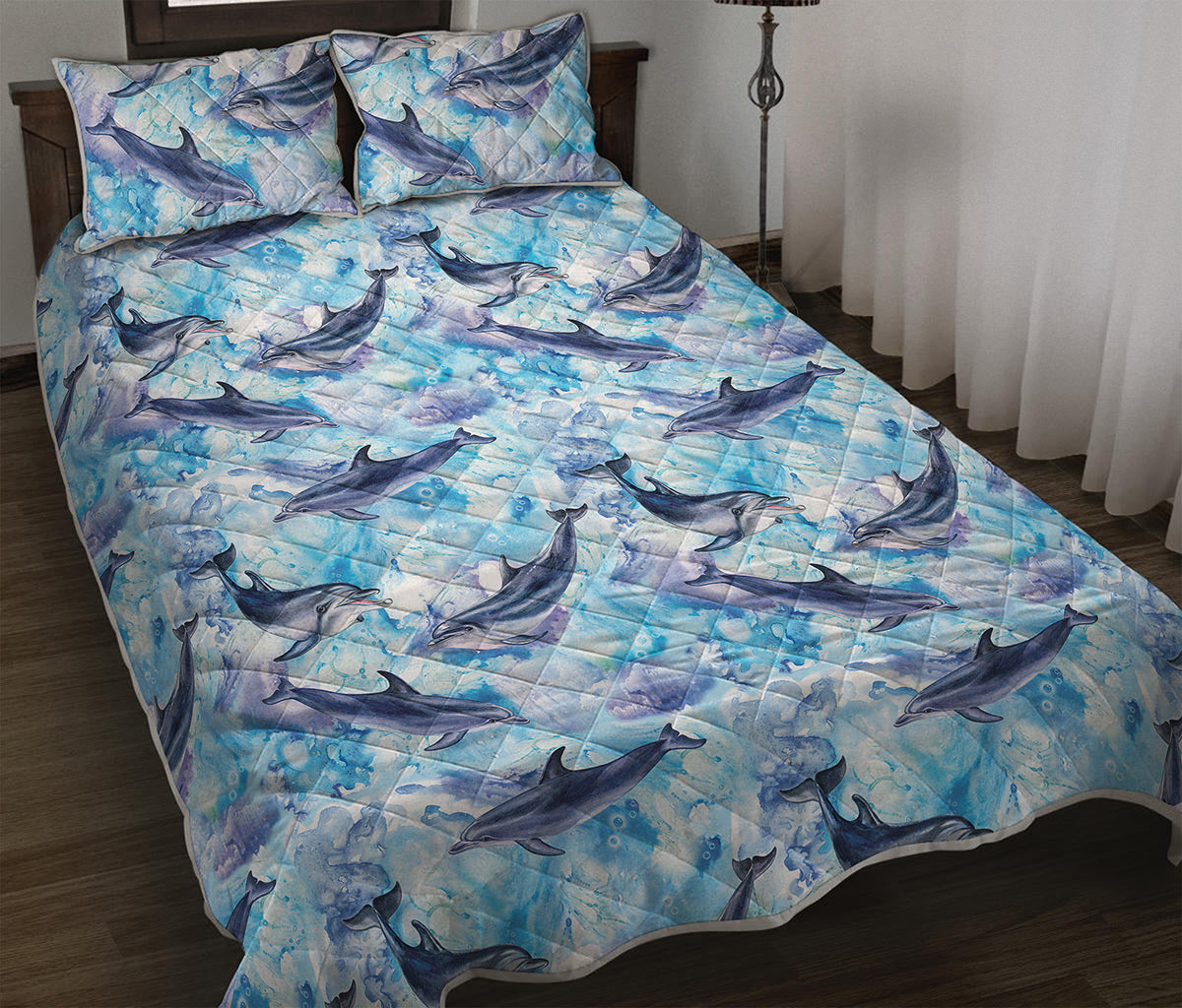 Watercolor Dolphin In The Sea Print Quilt Bed Set