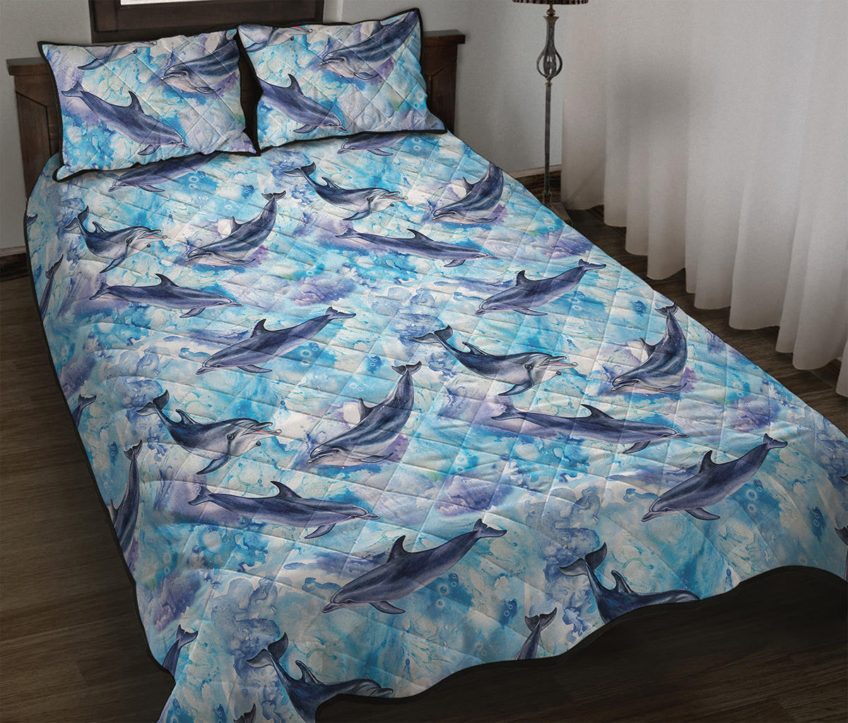 Watercolor Dolphin In The Sea Print Quilt Bed Set