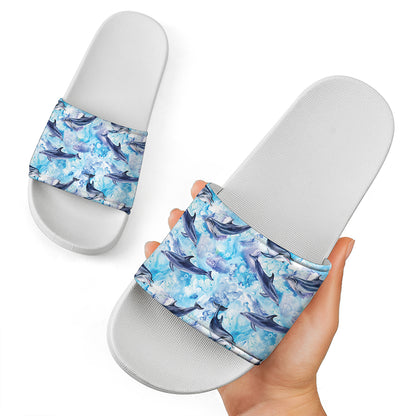 Watercolor Dolphin In The Sea Print White Slide Sandals
