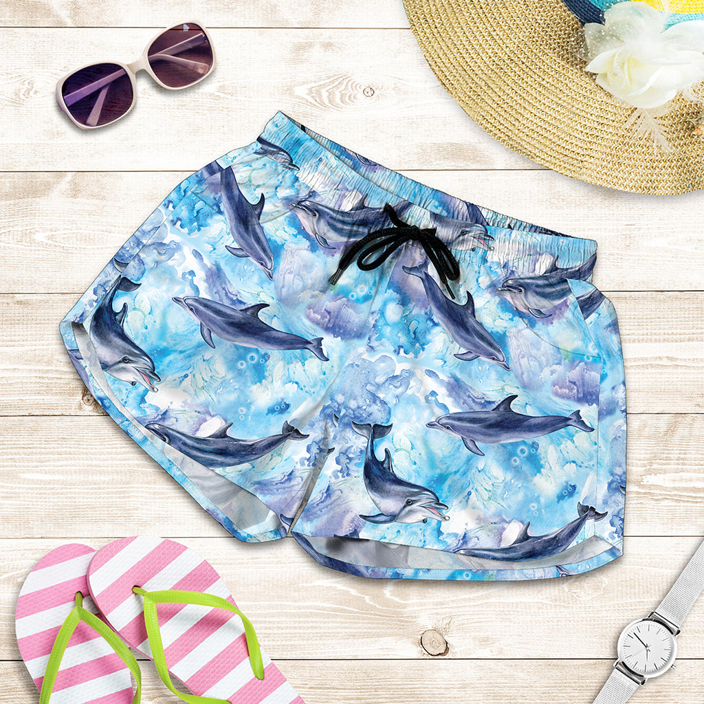 Watercolor Dolphin In The Sea Print Women's Shorts