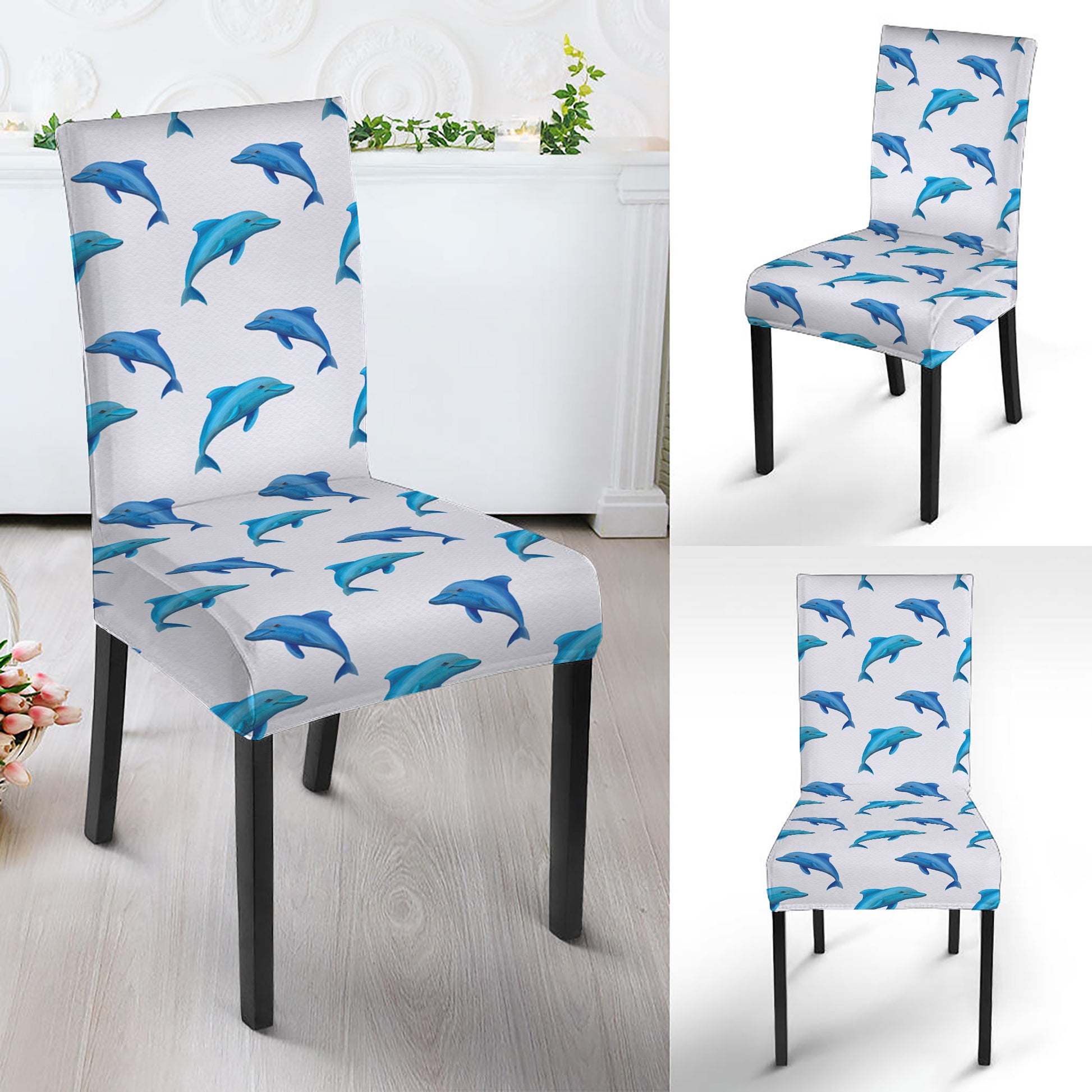 Watercolor Dolphin Pattern Print Dining Chair Slipcover