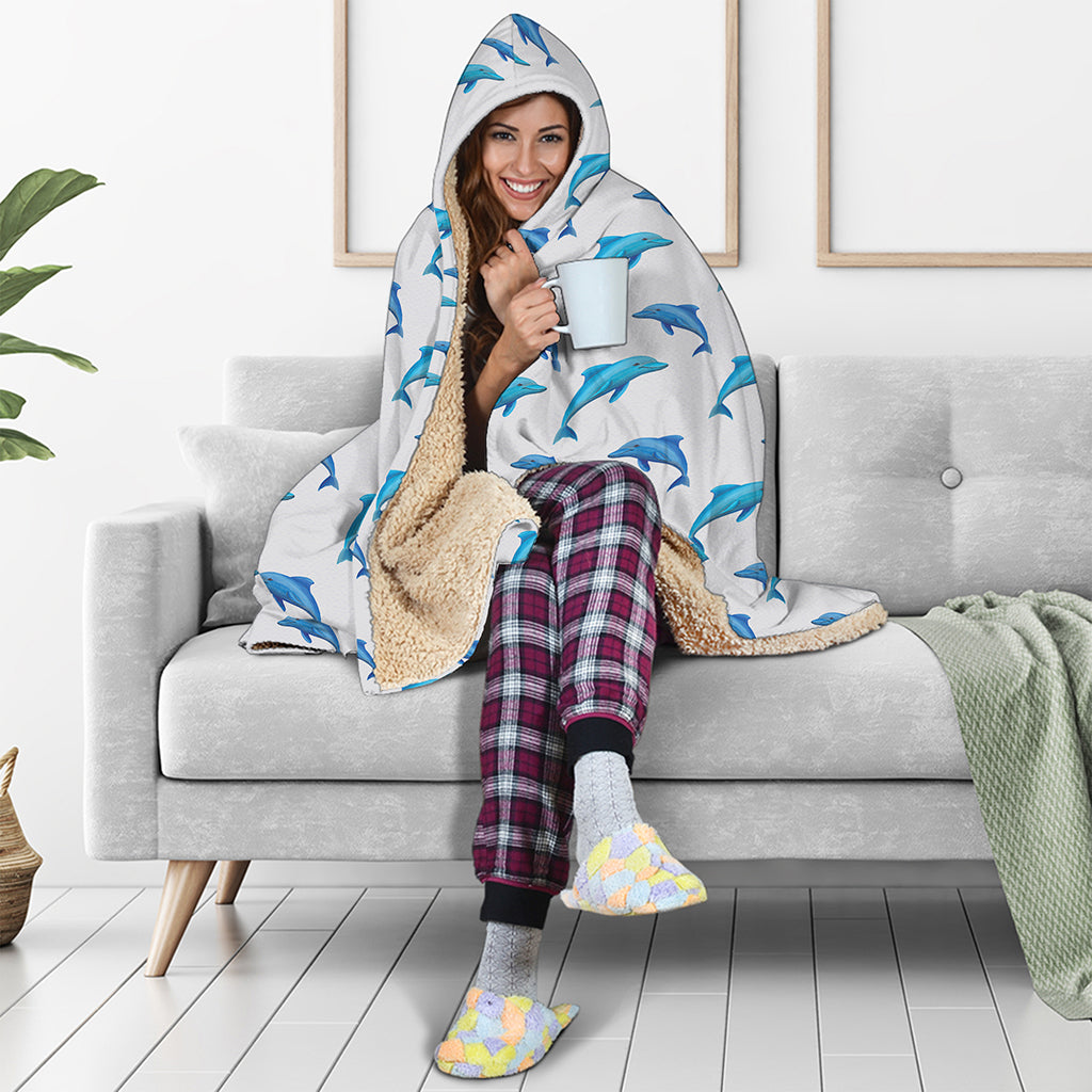 Watercolor Dolphin Pattern Print Hooded Blanket
