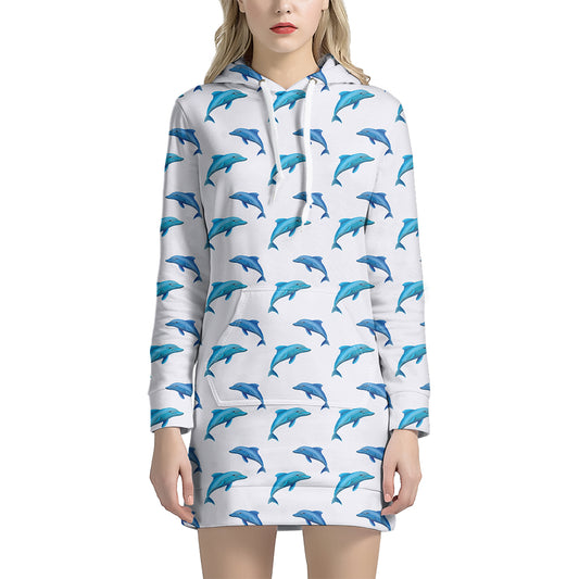Watercolor Dolphin Pattern Print Hoodie Dress