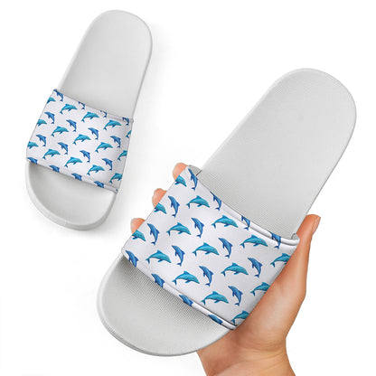 Watercolor Dolphin Pattern Print White Slide Sandals