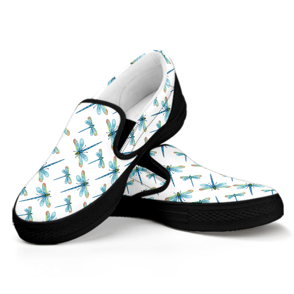 Watercolor Dragonfly Pattern Print Black Slip On Shoes