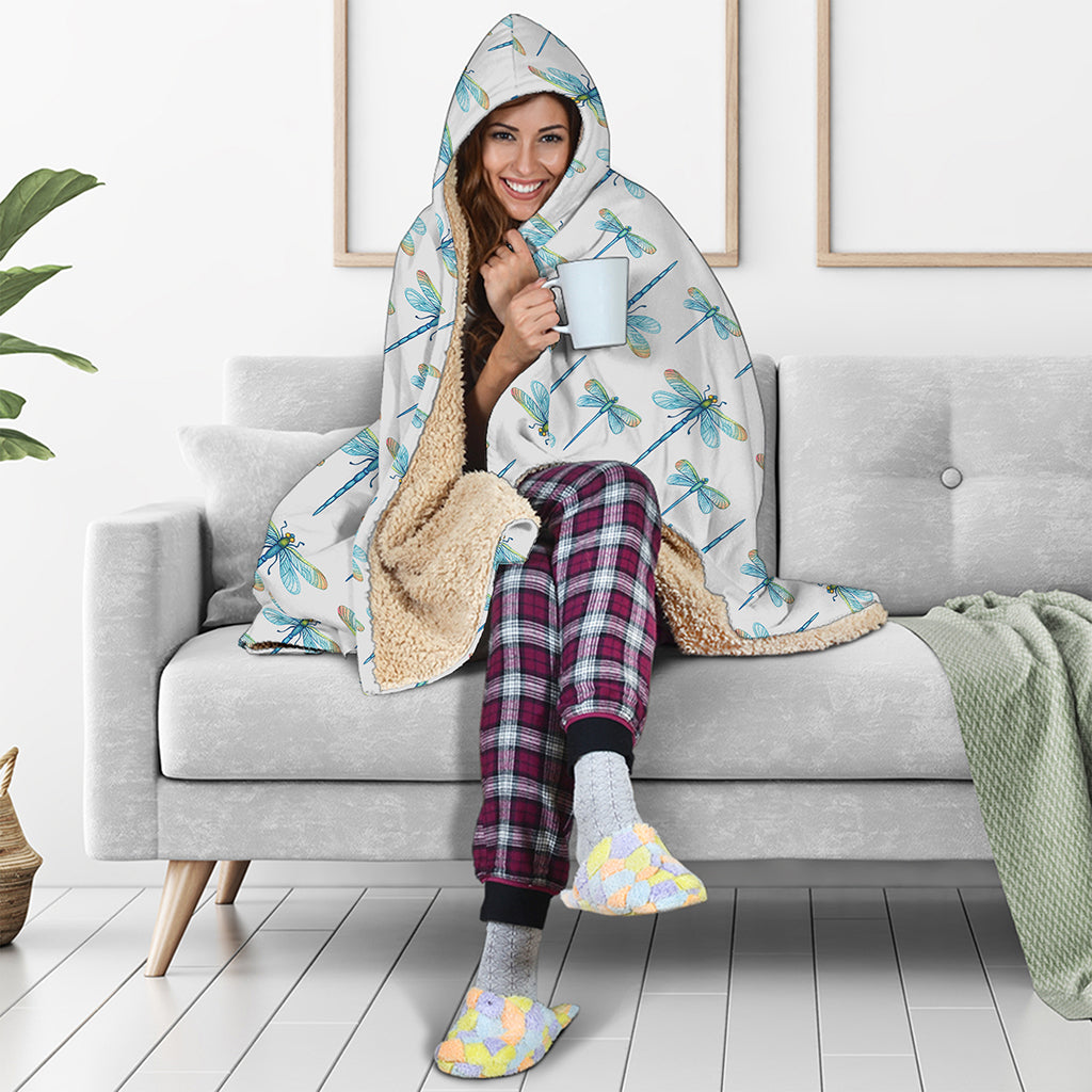 Watercolor Dragonfly Pattern Print Hooded Blanket