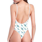 Watercolor Dragonfly Pattern Print One Piece High Cut Swimsuit