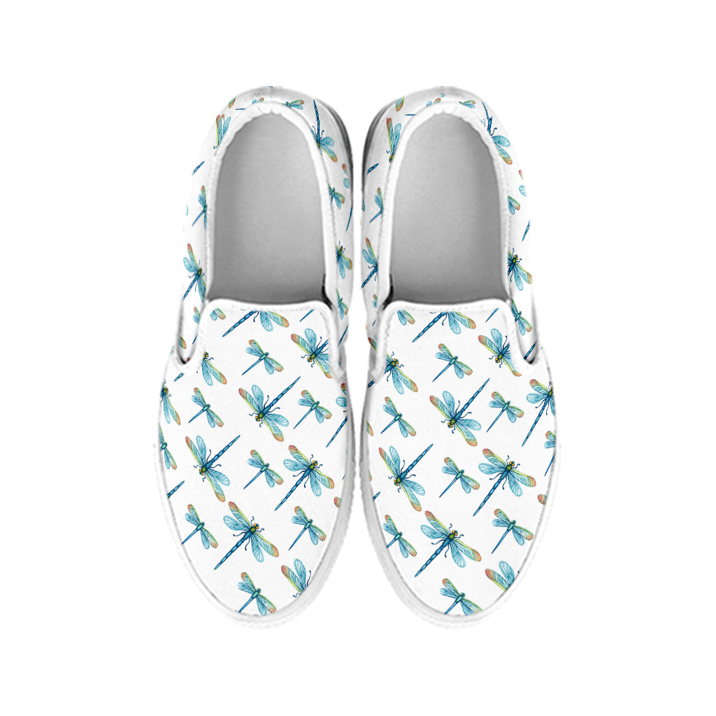 Watercolor Dragonfly Pattern Print White Slip On Shoes