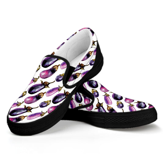 Watercolor Eggplant Pattern Print Black Slip On Shoes