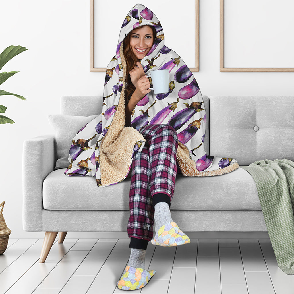 Watercolor Eggplant Pattern Print Hooded Blanket