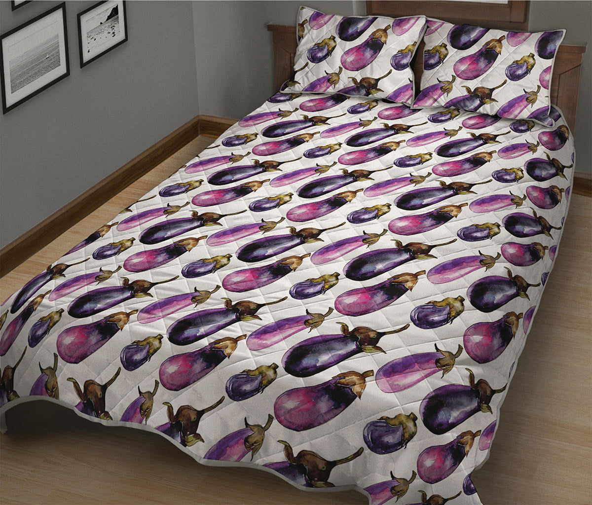 Watercolor Eggplant Pattern Print Quilt Bed Set