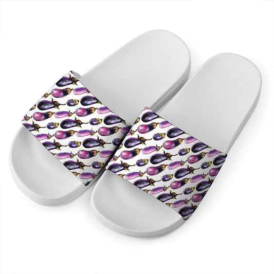 Watercolor Eggplant Pattern Print White Slide Sandals