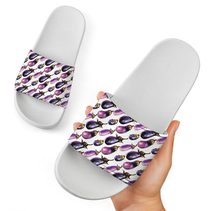 Watercolor Eggplant Pattern Print White Slide Sandals