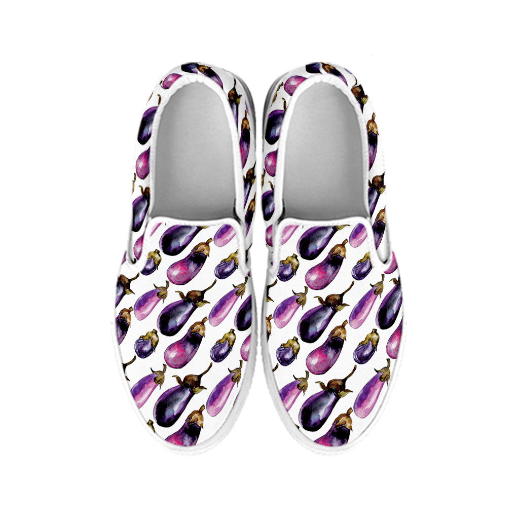 Watercolor Eggplant Pattern Print White Slip On Shoes