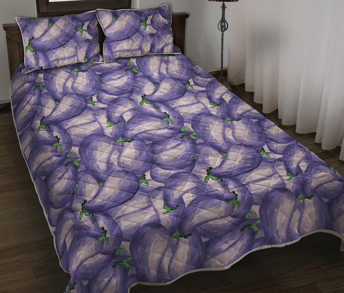 Watercolor Eggplant Print Quilt Bed Set