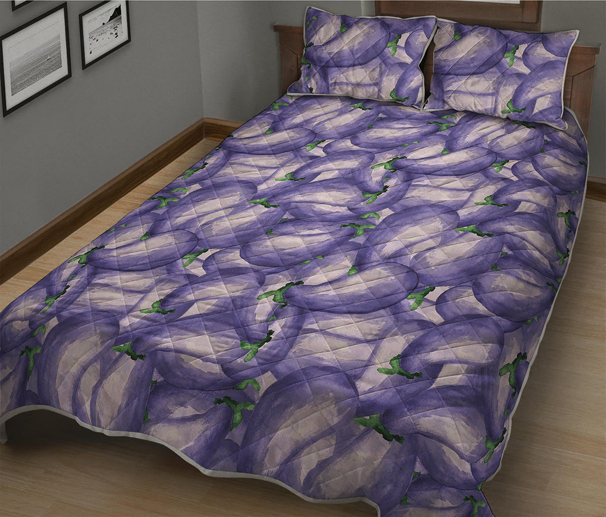 Watercolor Eggplant Print Quilt Bed Set
