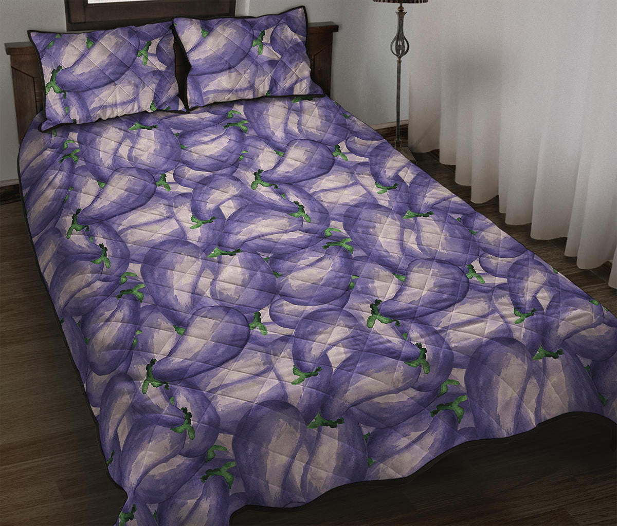 Watercolor Eggplant Print Quilt Bed Set