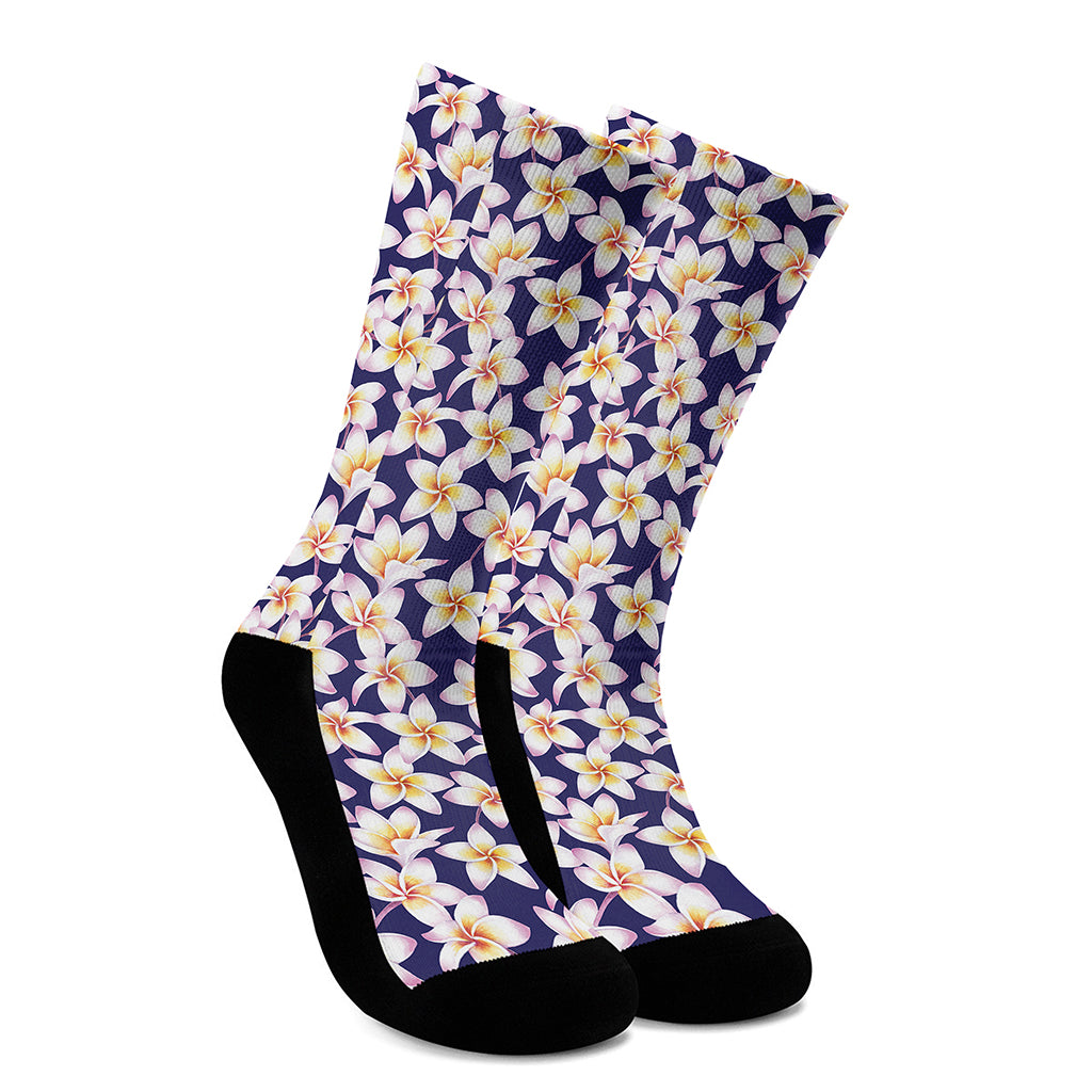 Watercolor Frangipani Flower Print Crew Socks