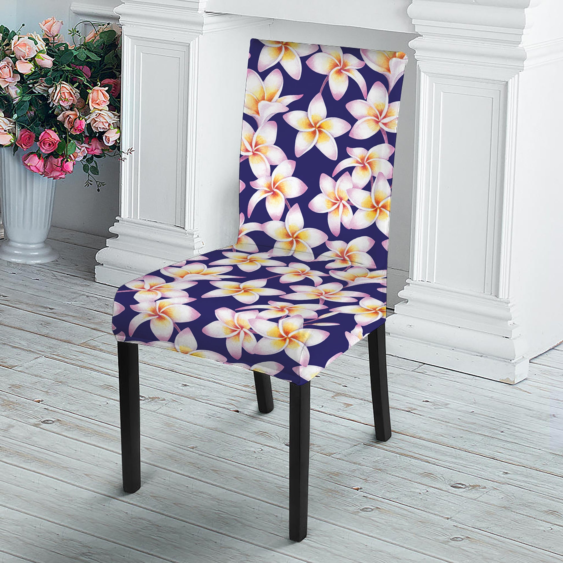 Watercolor Frangipani Flower Print Dining Chair Slipcover