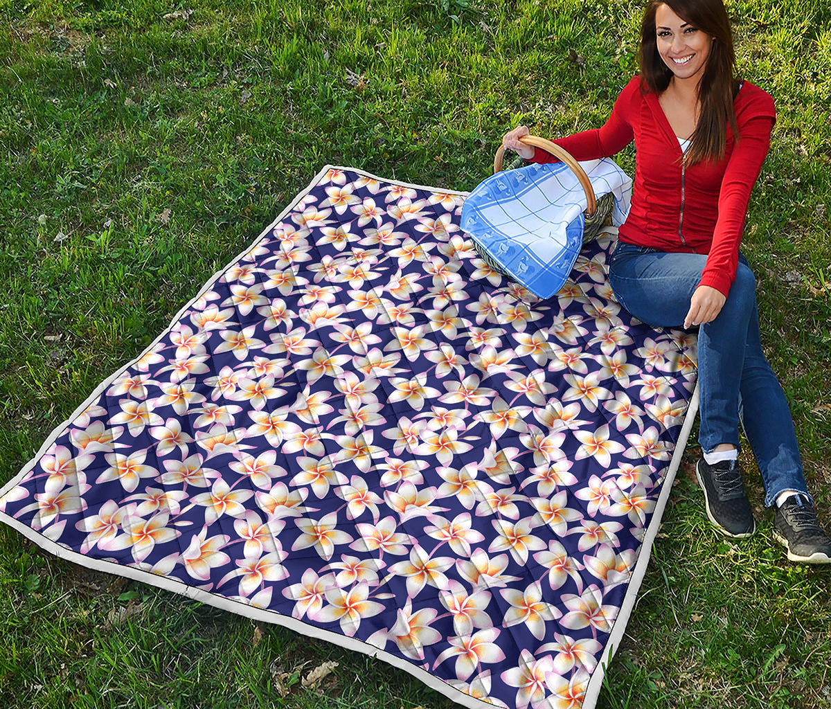 Watercolor Frangipani Flower Print Quilt