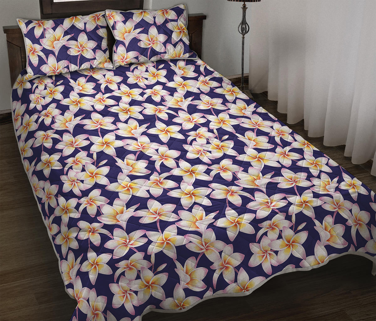 Watercolor Frangipani Flower Print Quilt Bed Set