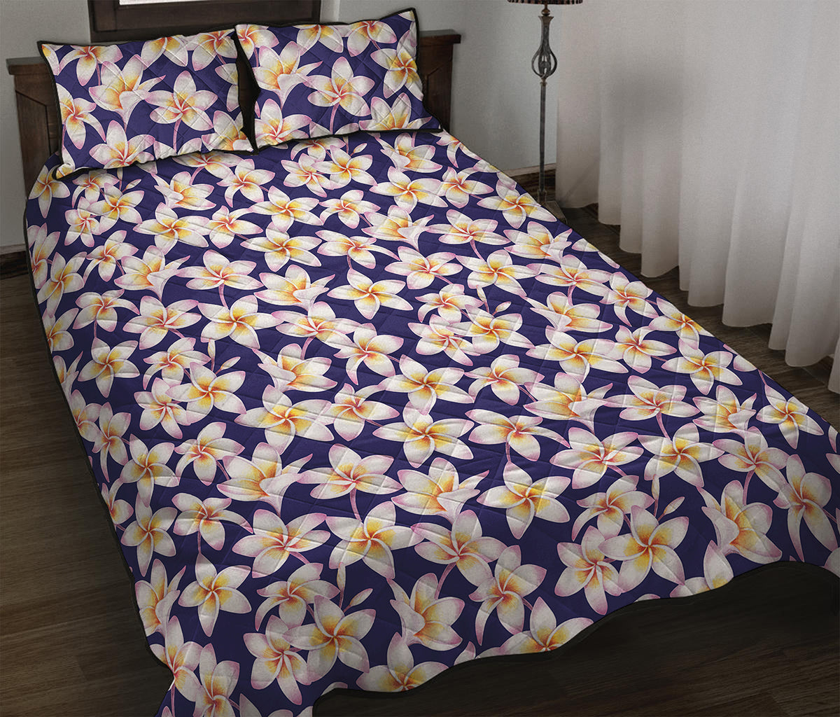 Watercolor Frangipani Flower Print Quilt Bed Set