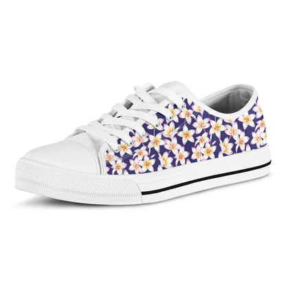 Watercolor Frangipani Flower Print White Low Top Shoes