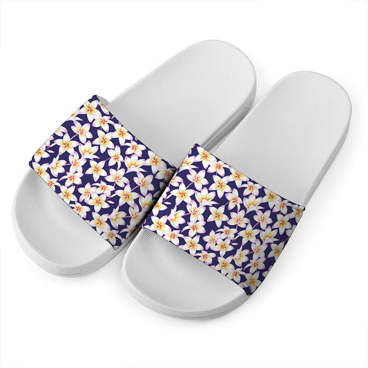 Watercolor Frangipani Flower Print White Slide Sandals