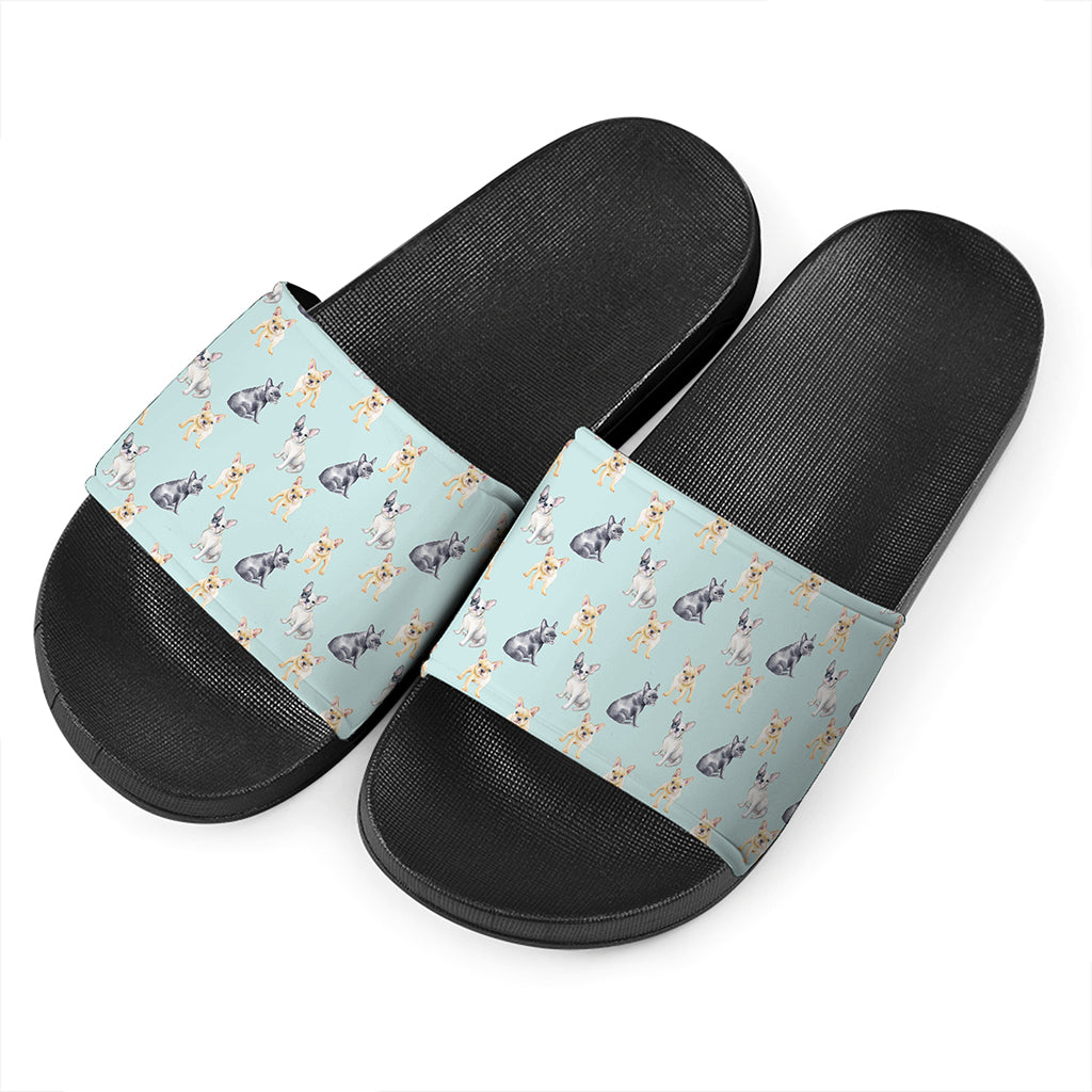 Watercolor French Bulldog Pattern Print Black Slide Sandals