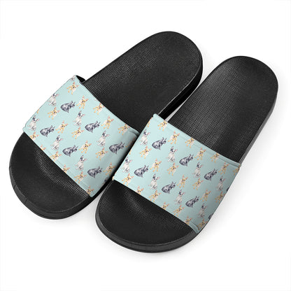Watercolor French Bulldog Pattern Print Black Slide Sandals