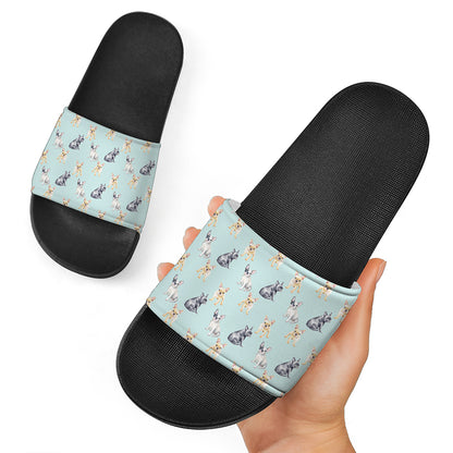 Watercolor French Bulldog Pattern Print Black Slide Sandals