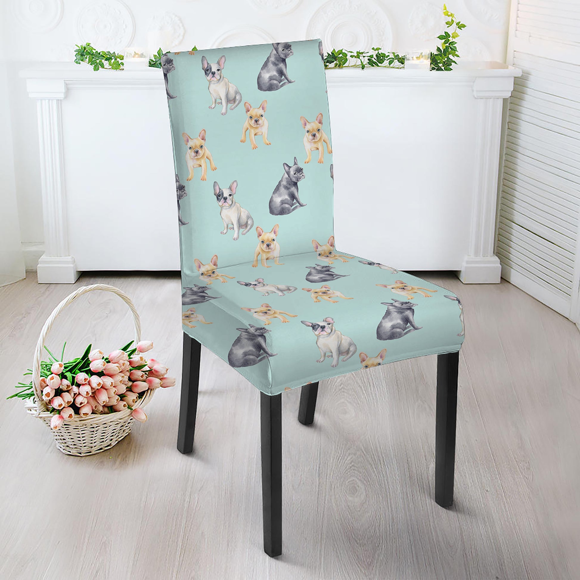 Watercolor French Bulldog Pattern Print Dining Chair Slipcover