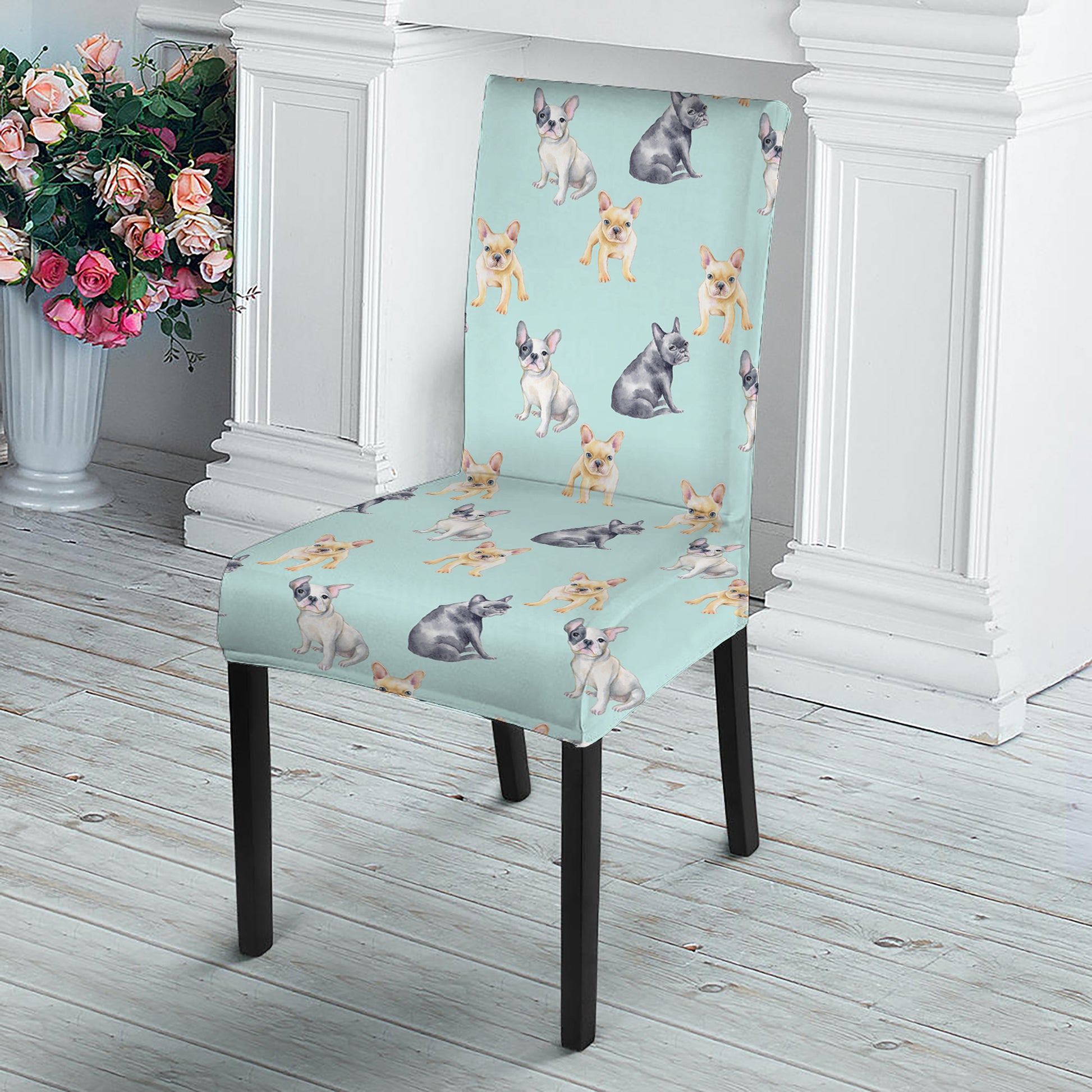 Watercolor French Bulldog Pattern Print Dining Chair Slipcover