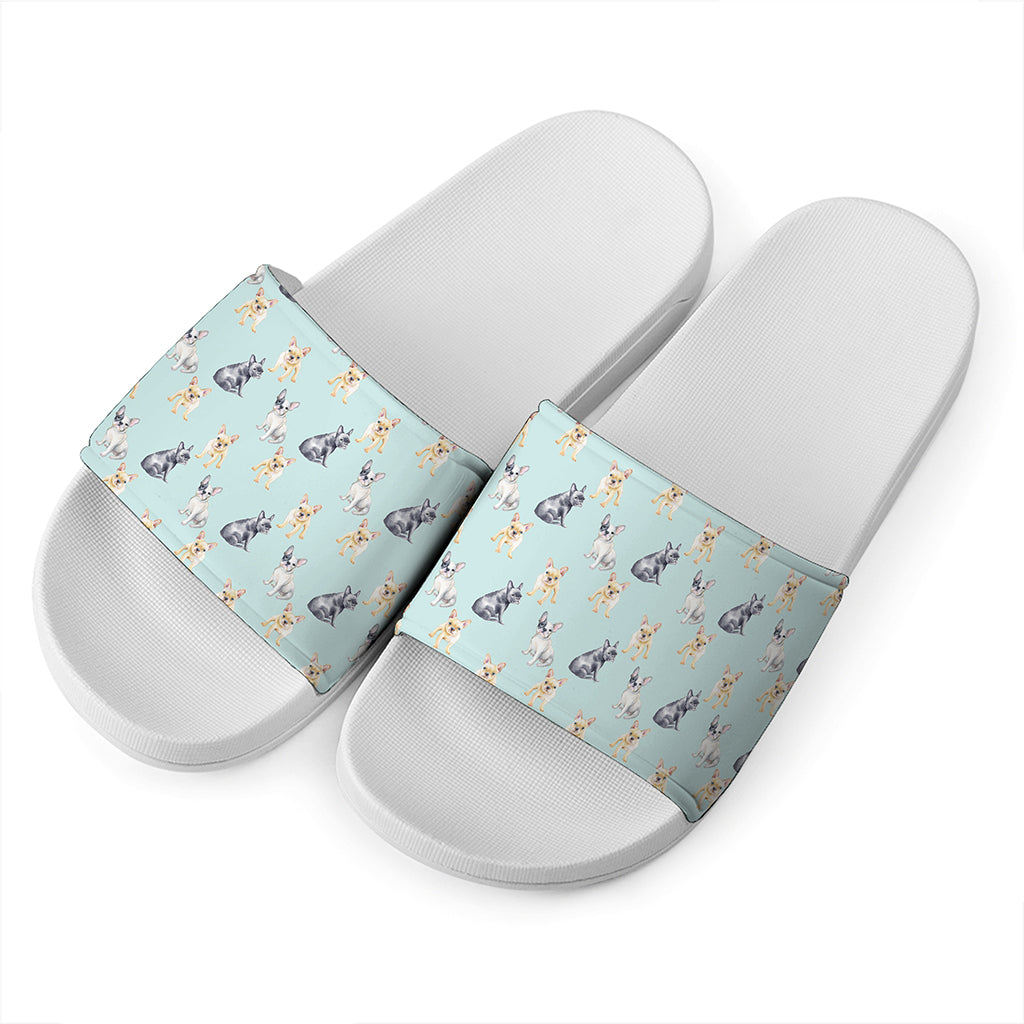 Watercolor French Bulldog Pattern Print White Slide Sandals