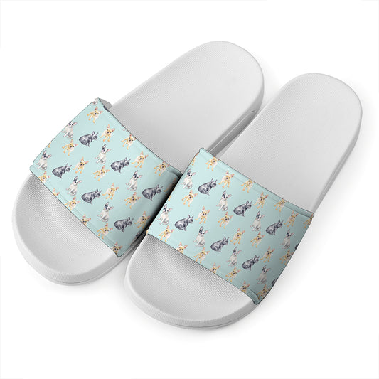 Watercolor French Bulldog Pattern Print White Slide Sandals