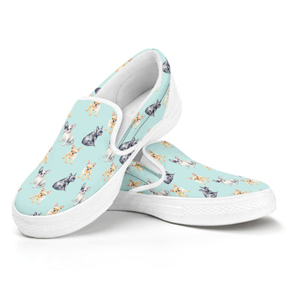 Watercolor French Bulldog Pattern Print White Slip On Shoes