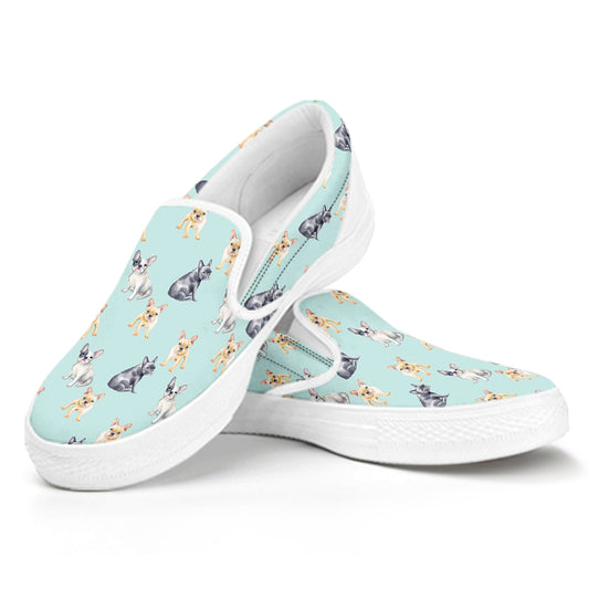 Watercolor French Bulldog Pattern Print White Slip On Shoes