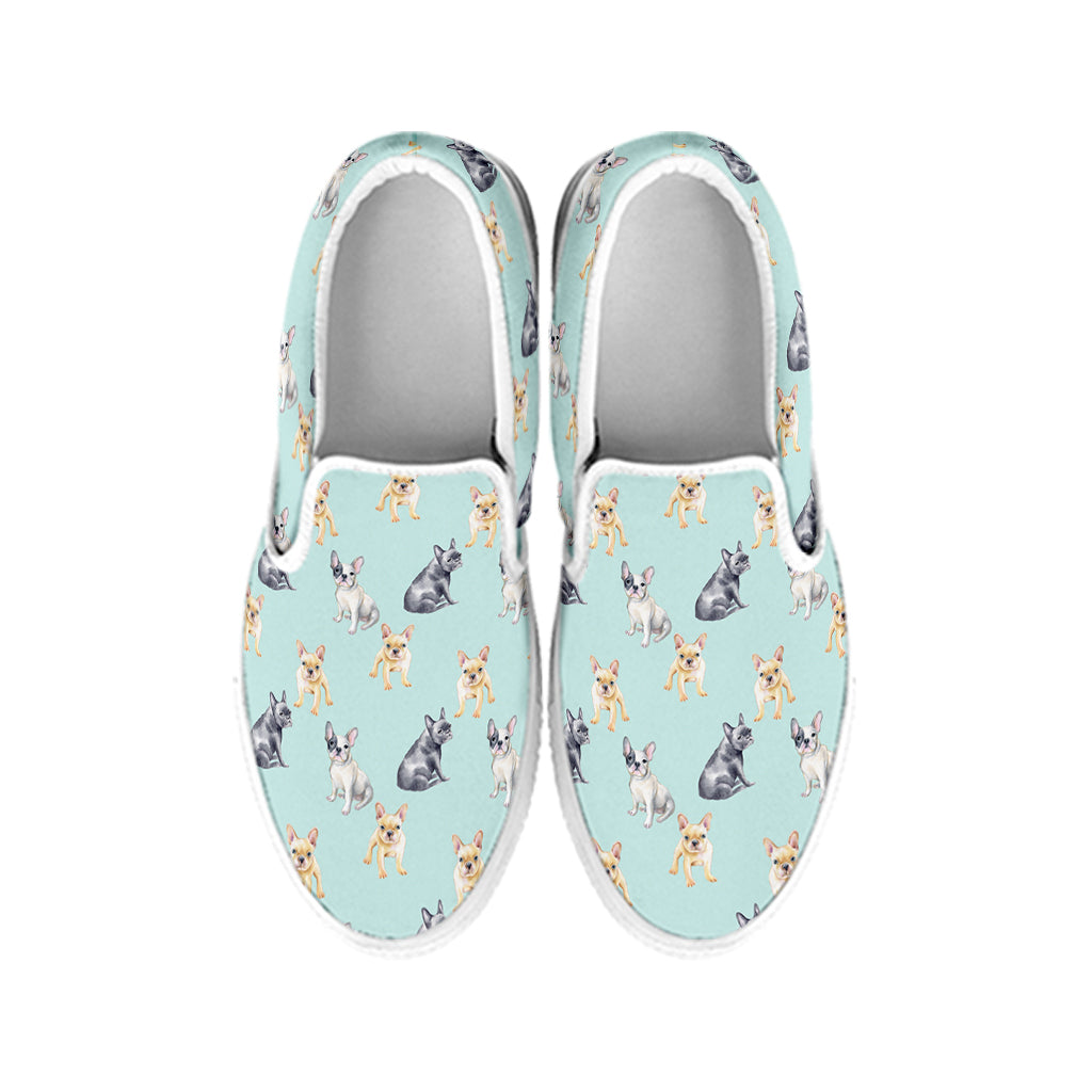 Watercolor French Bulldog Pattern Print White Slip On Shoes