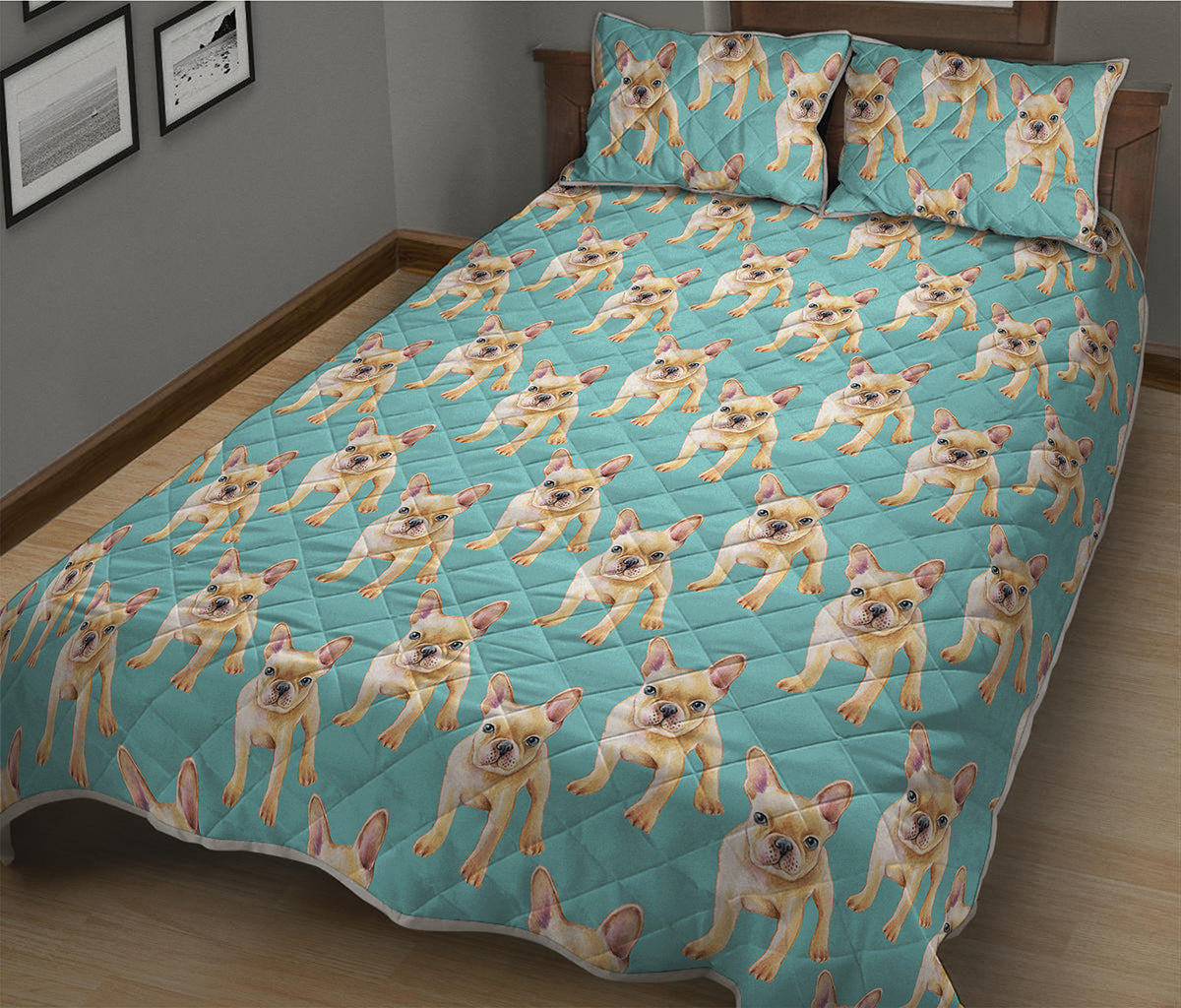 Watercolor French Bulldog Puppy Print Quilt Bed Set