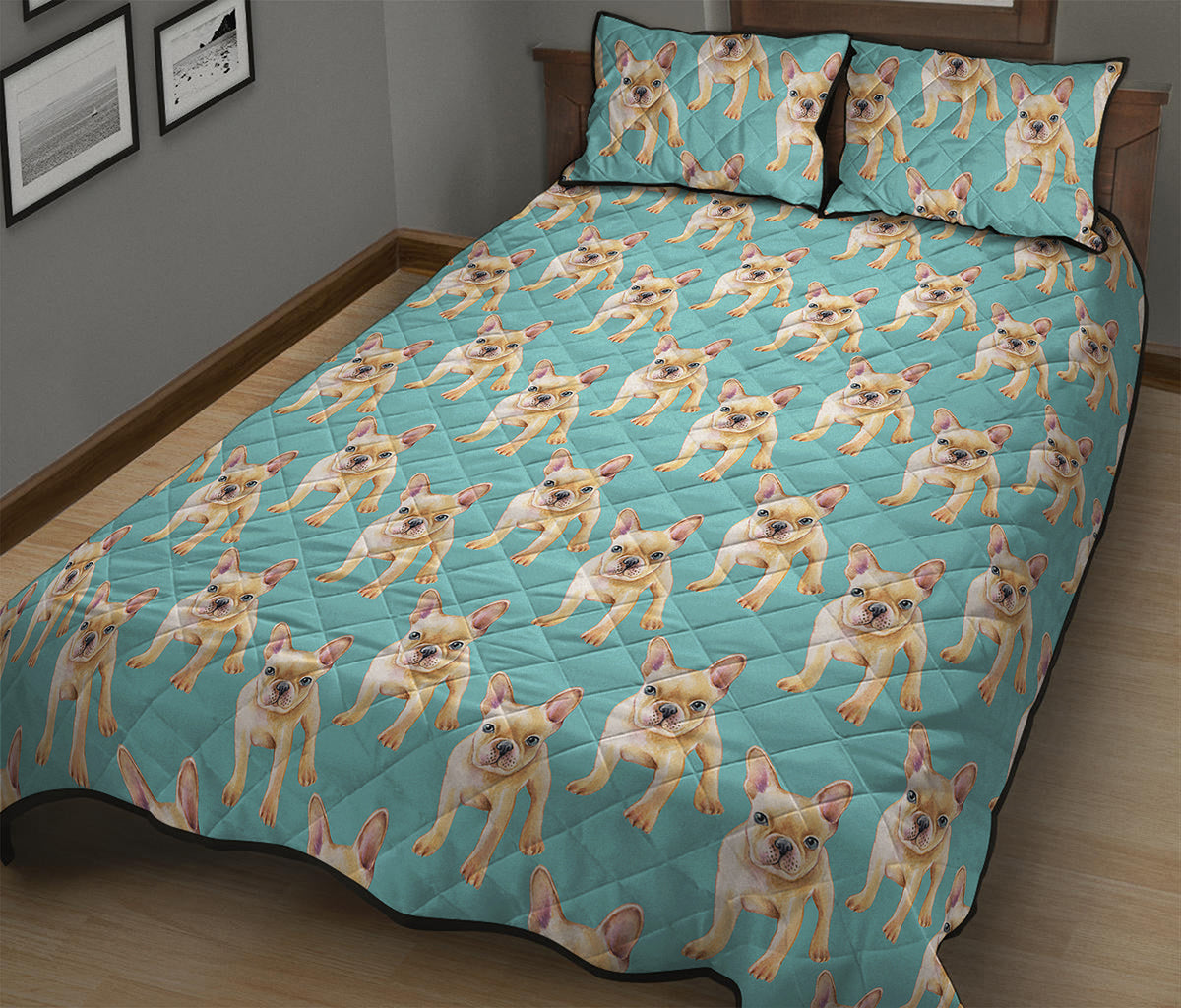 Watercolor French Bulldog Puppy Print Quilt Bed Set