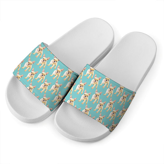 Watercolor French Bulldog Puppy Print White Slide Sandals