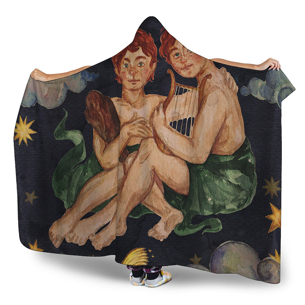 Watercolor Gemini Zodiac Sign Print Hooded Blanket