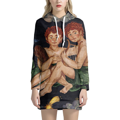 Watercolor Gemini Zodiac Sign Print Pullover Hoodie Dress