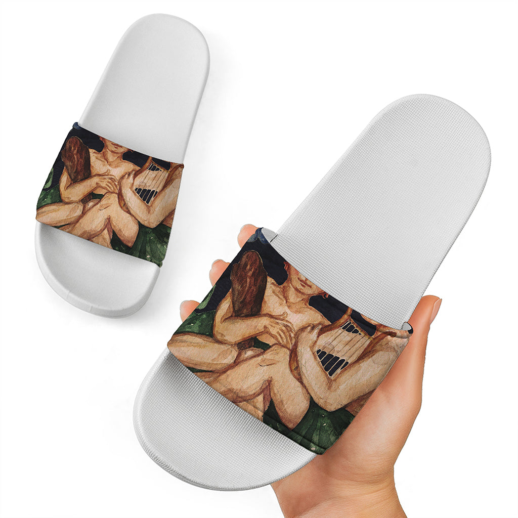 Watercolor Gemini Zodiac Sign Print White Slide Sandals