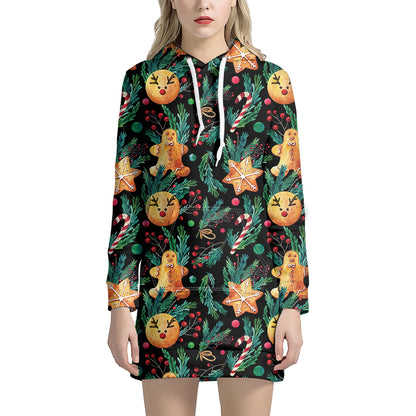 Watercolor Gingerbread Pattern Print Hoodie Dress