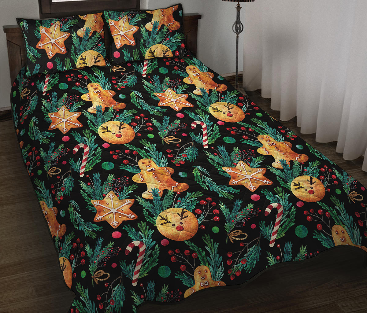 Watercolor Gingerbread Pattern Print Quilt Bed Set